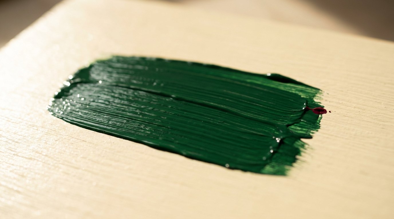 Macro van een dikke penseelstreek donkergroene hoogglanslak over een crèmekleurig houten vlak