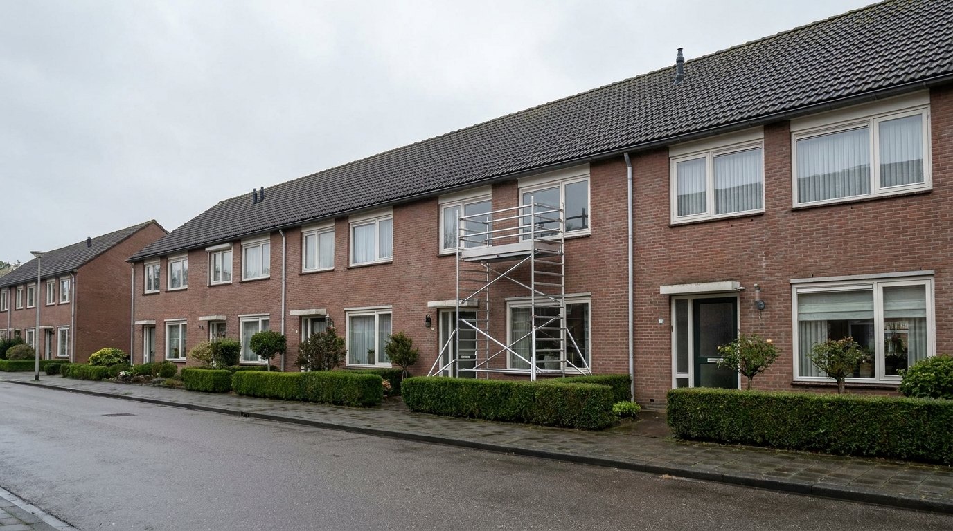 Rij identieke jaren negentig rijtjeswoningen in Almere met een rolsteiger voor buitenschilderwerk