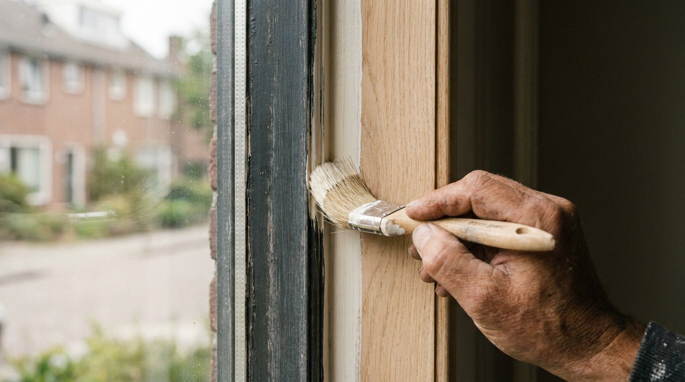 Schilder brengt met de kwast een strakke laag verf aan op een houten kozijn van een woning in Almere